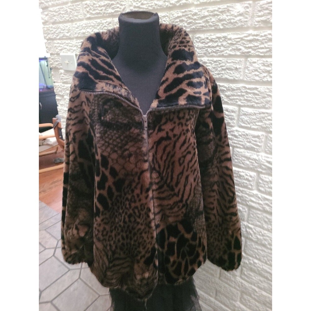 Fur Coat Jacket Brown leopard Faux XL lined & leather trim made USA excellent